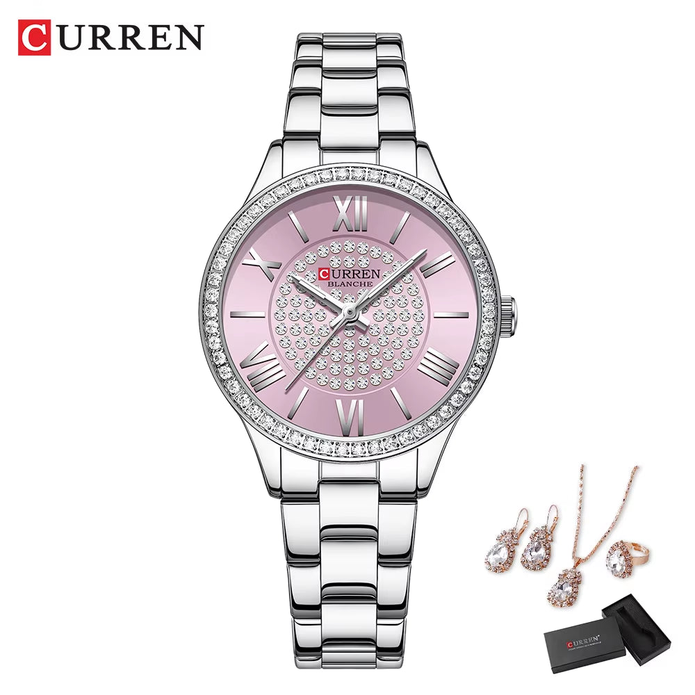 Luxury Watch Women Ring Necklace Earrings Rhinestone Fashion Wristwatch Female Casual Ladies Watches Bracelet 5PCS Set