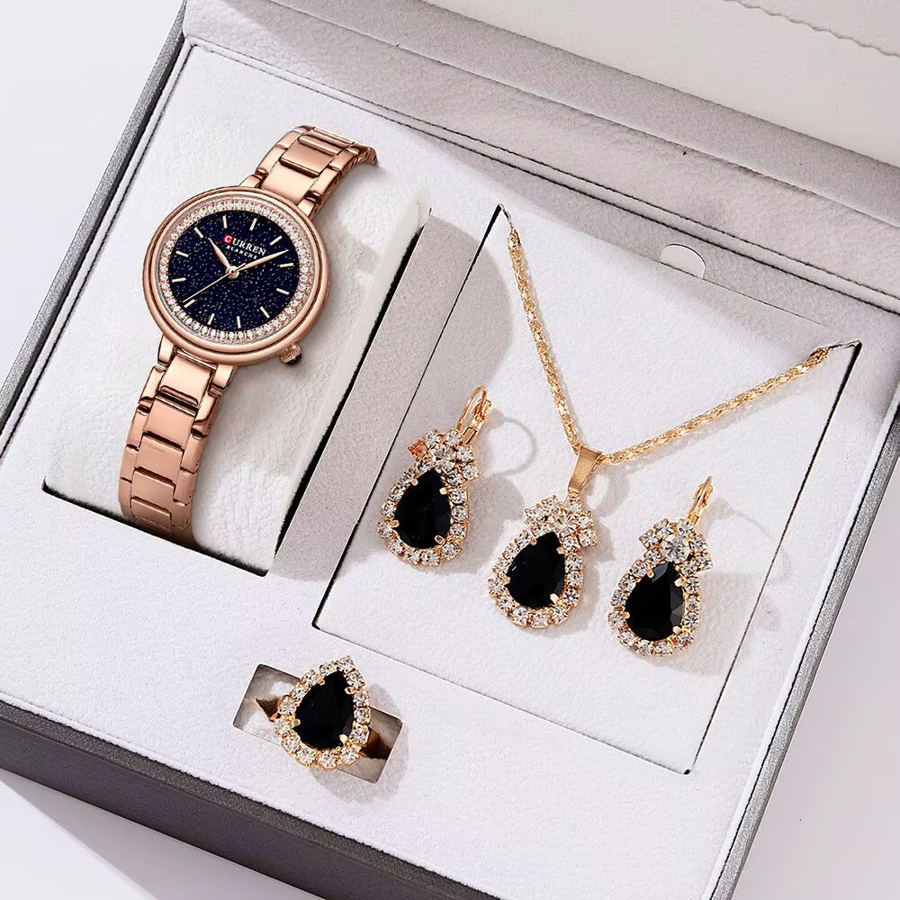 Luxury Watch Women Ring Necklace Earrings Rhinestone Fashion Wristwatch Female Casual Ladies Watches Bracelet 5PCS Set