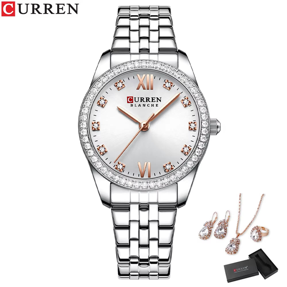 Luxury Watch Women Ring Necklace Earrings Rhinestone Fashion Wristwatch Female Casual Ladies Watches Bracelet 5PCS Set