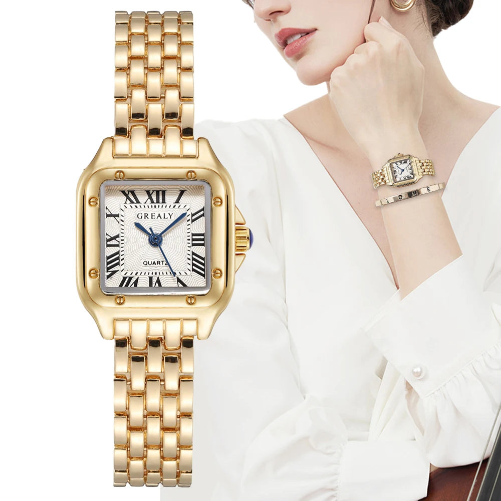 Women'S Fashion Square Watches Gold Alloy Strap 2025 Luxury Ladies Quartz Wristwatches Qualities Female Roman Scale Clock