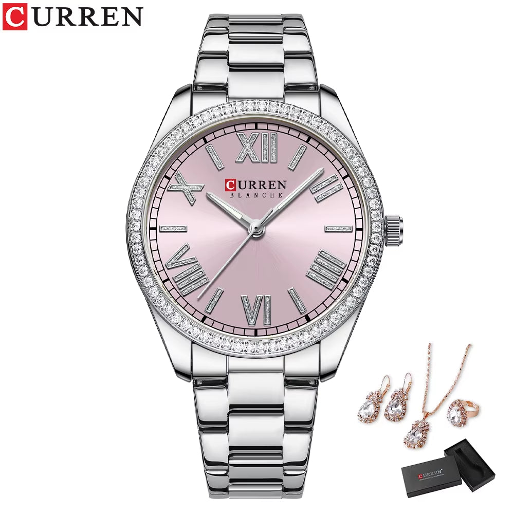 Luxury Watch Women Ring Necklace Earrings Rhinestone Fashion Wristwatch Female Casual Ladies Watches Bracelet 5PCS Set