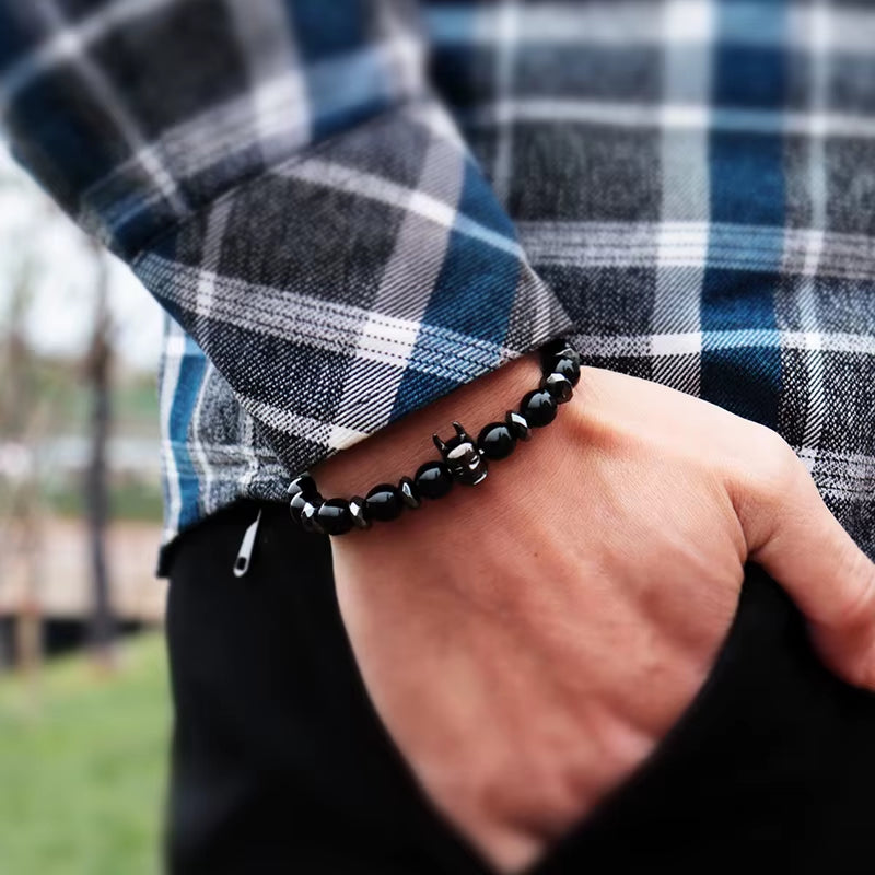 Trendy Bracelet Male Natural Volcanic Hematite Tiger Eye Braclets Zirconia Strand Braslet Men Accessories Pulseras Crown Braclet