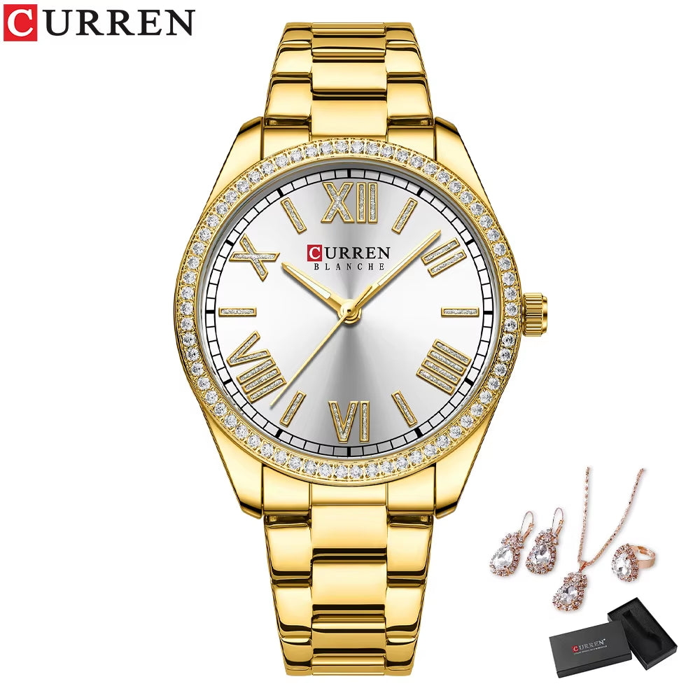 Luxury Watch Women Ring Necklace Earrings Rhinestone Fashion Wristwatch Female Casual Ladies Watches Bracelet 5PCS Set