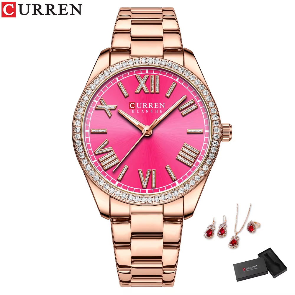Luxury Watch Women Ring Necklace Earrings Rhinestone Fashion Wristwatch Female Casual Ladies Watches Bracelet 5PCS Set