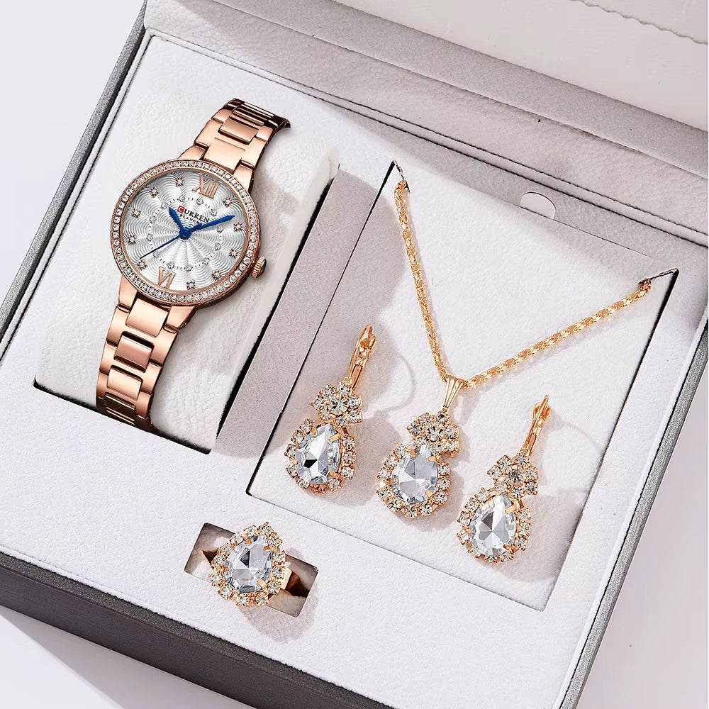 Luxury Watch Women Ring Necklace Earrings Rhinestone Fashion Wristwatch Female Casual Ladies Watches Bracelet 5PCS Set