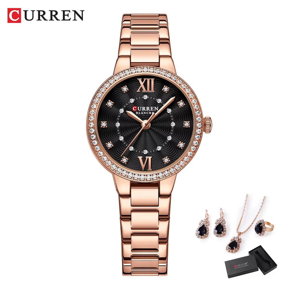 Luxury Watch Women Ring Necklace Earrings Rhinestone Fashion Wristwatch Female Casual Ladies Watches Bracelet 5PCS Set
