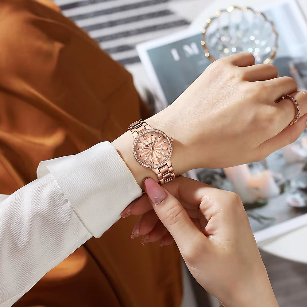 Luxury Watch Women Ring Necklace Earrings Rhinestone Fashion Wristwatch Female Casual Ladies Watches Bracelet 5PCS Set