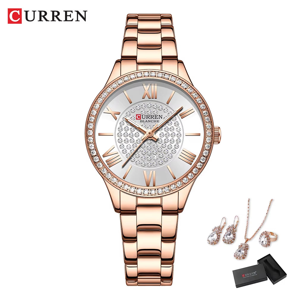 Luxury Watch Women Ring Necklace Earrings Rhinestone Fashion Wristwatch Female Casual Ladies Watches Bracelet 5PCS Set