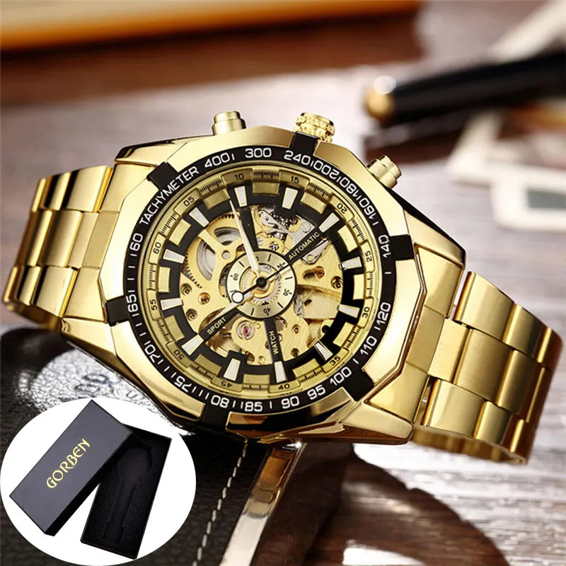 Skeleton Sports Automatic Stainless Steel Bracelet Chinese Mechanical Wrist Watches Mens Luxury Top Brand Gold Black Silver Gift