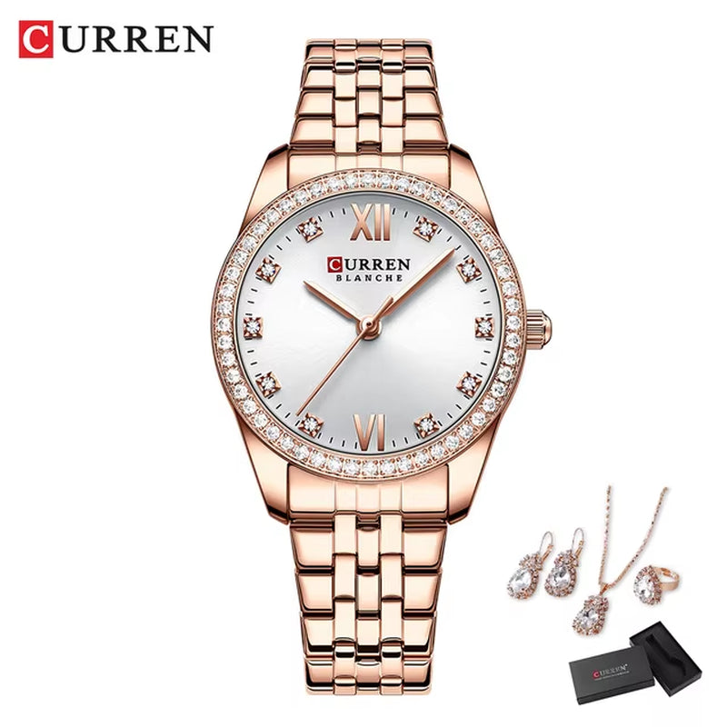 Luxury Watch Women Ring Necklace Earrings Rhinestone Fashion Wristwatch Female Casual Ladies Watches Bracelet 5PCS Set