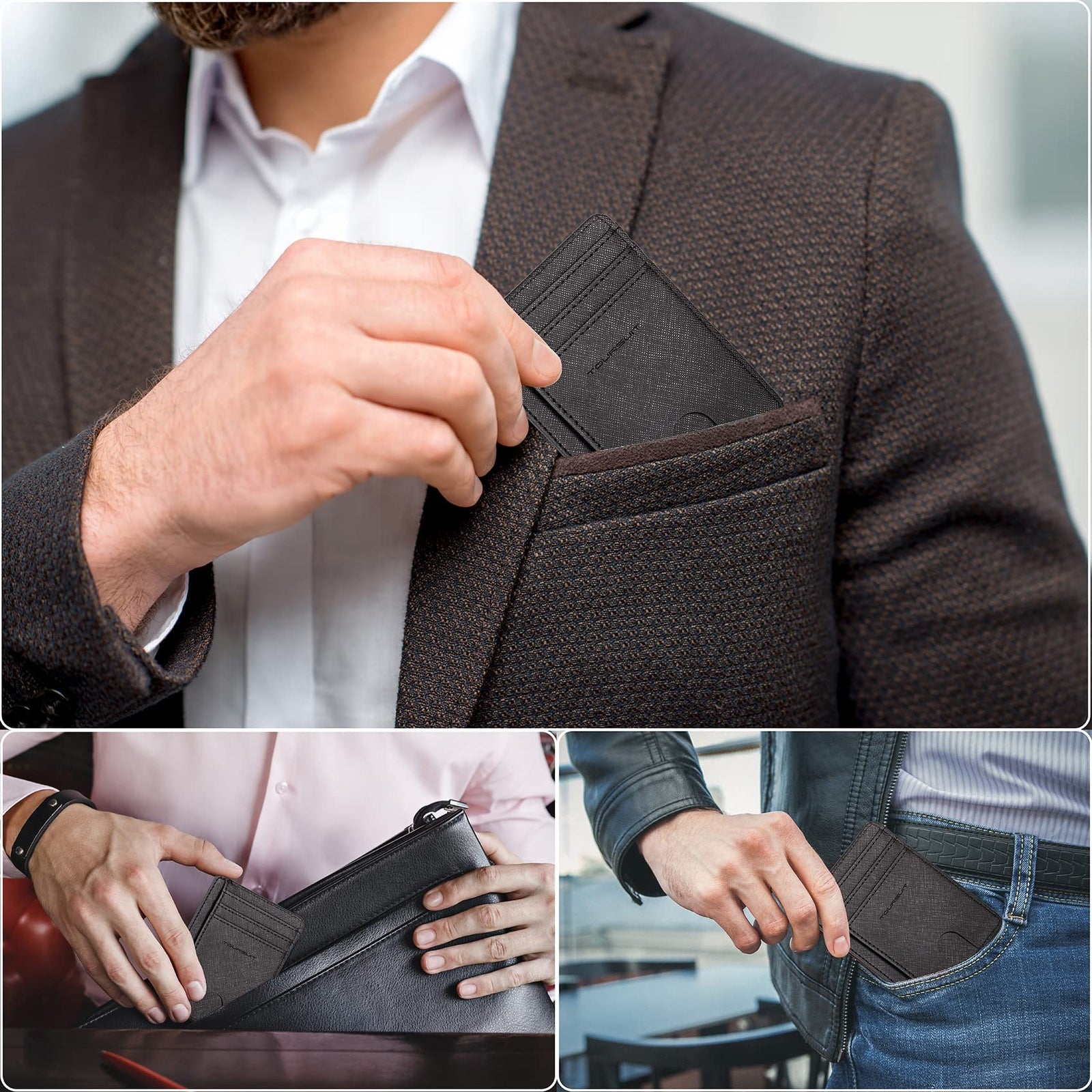 Cartera Delgada De Cuero Minimalista Con Bolsillo Frontal Bloqueo Rfid Taman...