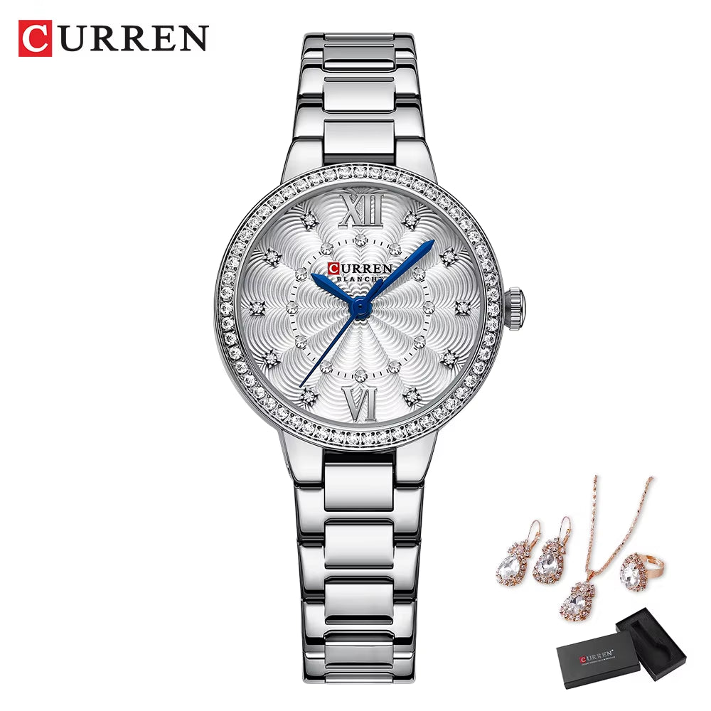 Luxury Watch Women Ring Necklace Earrings Rhinestone Fashion Wristwatch Female Casual Ladies Watches Bracelet 5PCS Set