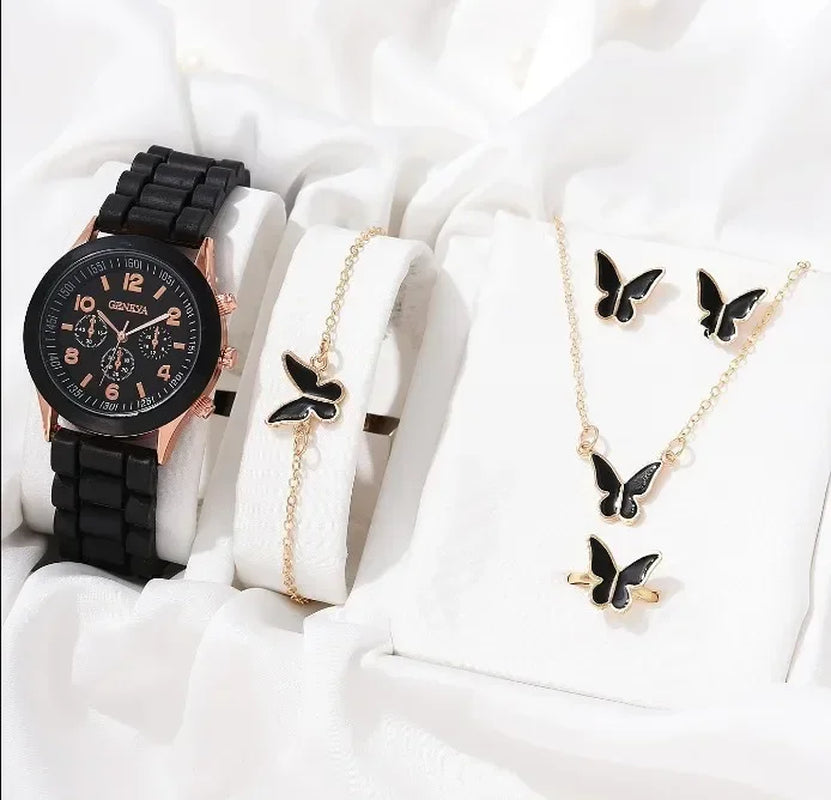 5PCS Set Luxury Watch Women Ring Necklace Earrings Rhinestone Fashion Wristwatch Female Casual Ladies Watches Bracelet Set Clock