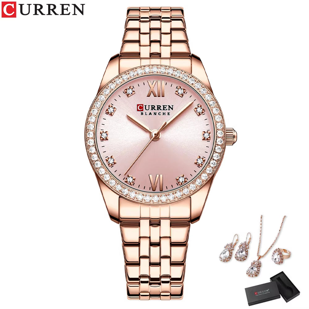 Luxury Watch Women Ring Necklace Earrings Rhinestone Fashion Wristwatch Female Casual Ladies Watches Bracelet 5PCS Set
