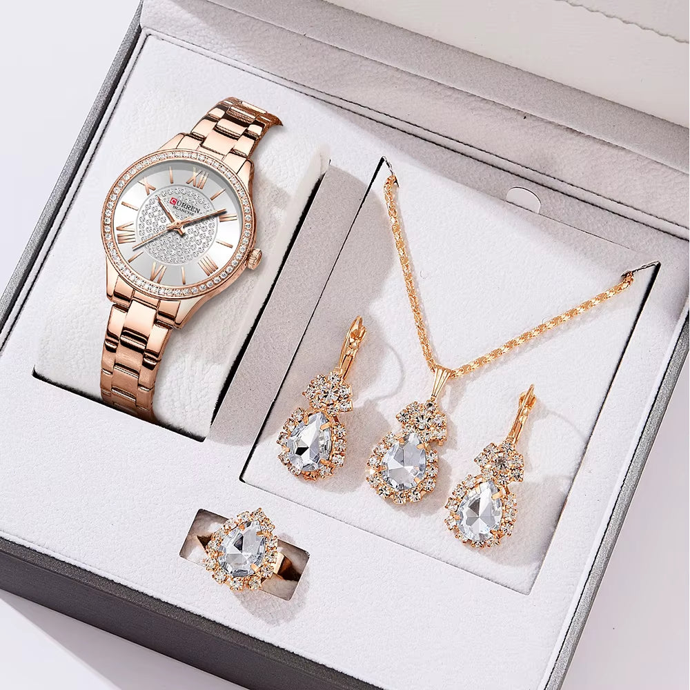 Luxury Watch Women Ring Necklace Earrings Rhinestone Fashion Wristwatch Female Casual Ladies Watches Bracelet 5PCS Set