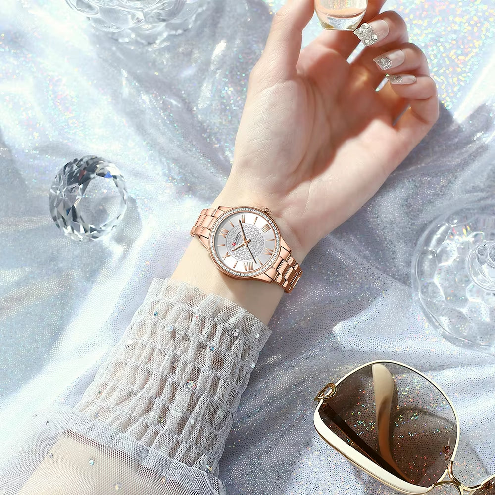 Luxury Watch Women Ring Necklace Earrings Rhinestone Fashion Wristwatch Female Casual Ladies Watches Bracelet 5PCS Set