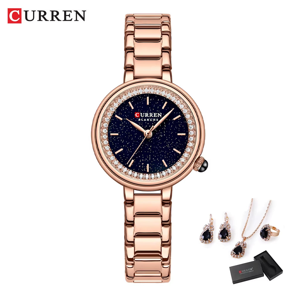 Luxury Watch Women Ring Necklace Earrings Rhinestone Fashion Wristwatch Female Casual Ladies Watches Bracelet 5PCS Set