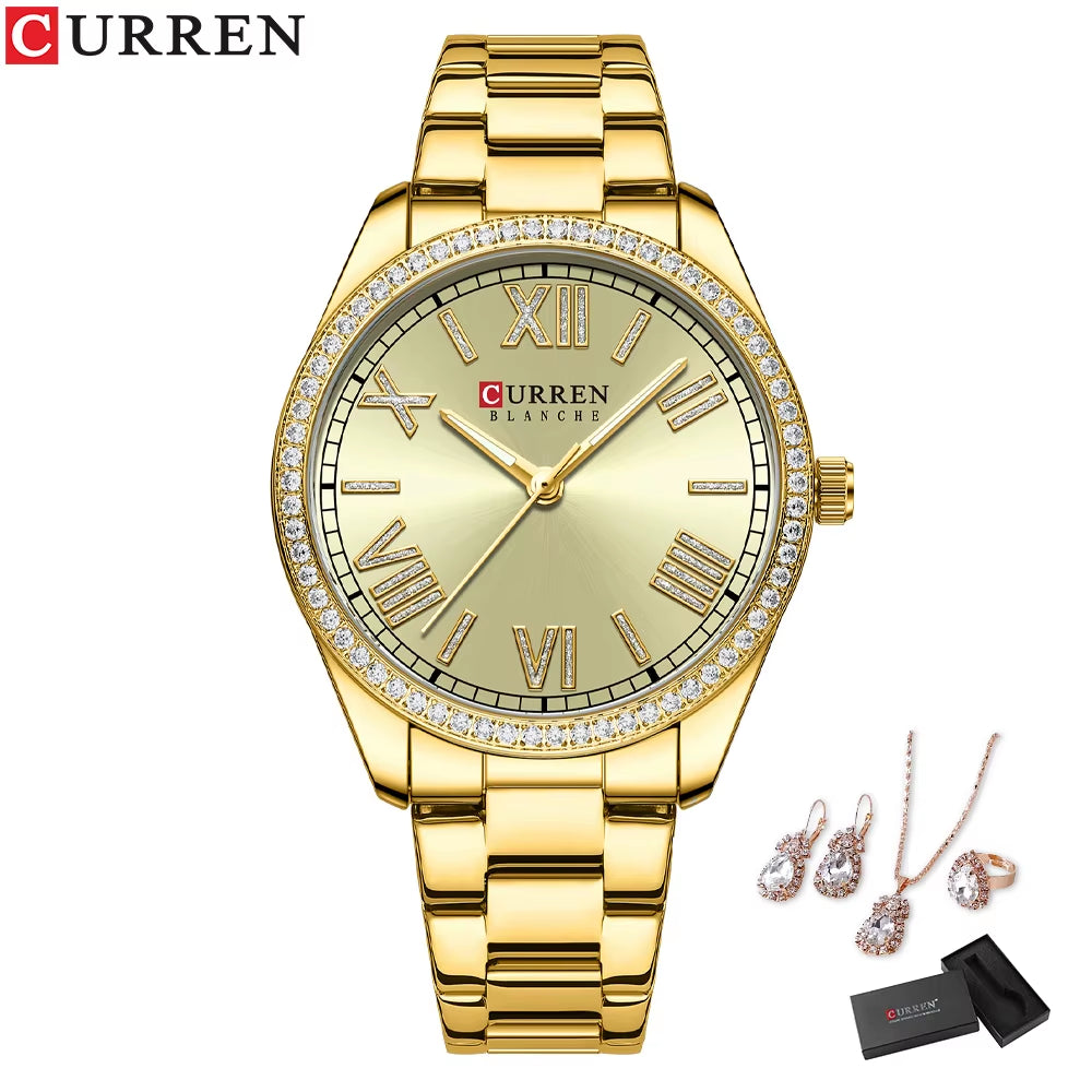 Luxury Watch Women Ring Necklace Earrings Rhinestone Fashion Wristwatch Female Casual Ladies Watches Bracelet 5PCS Set