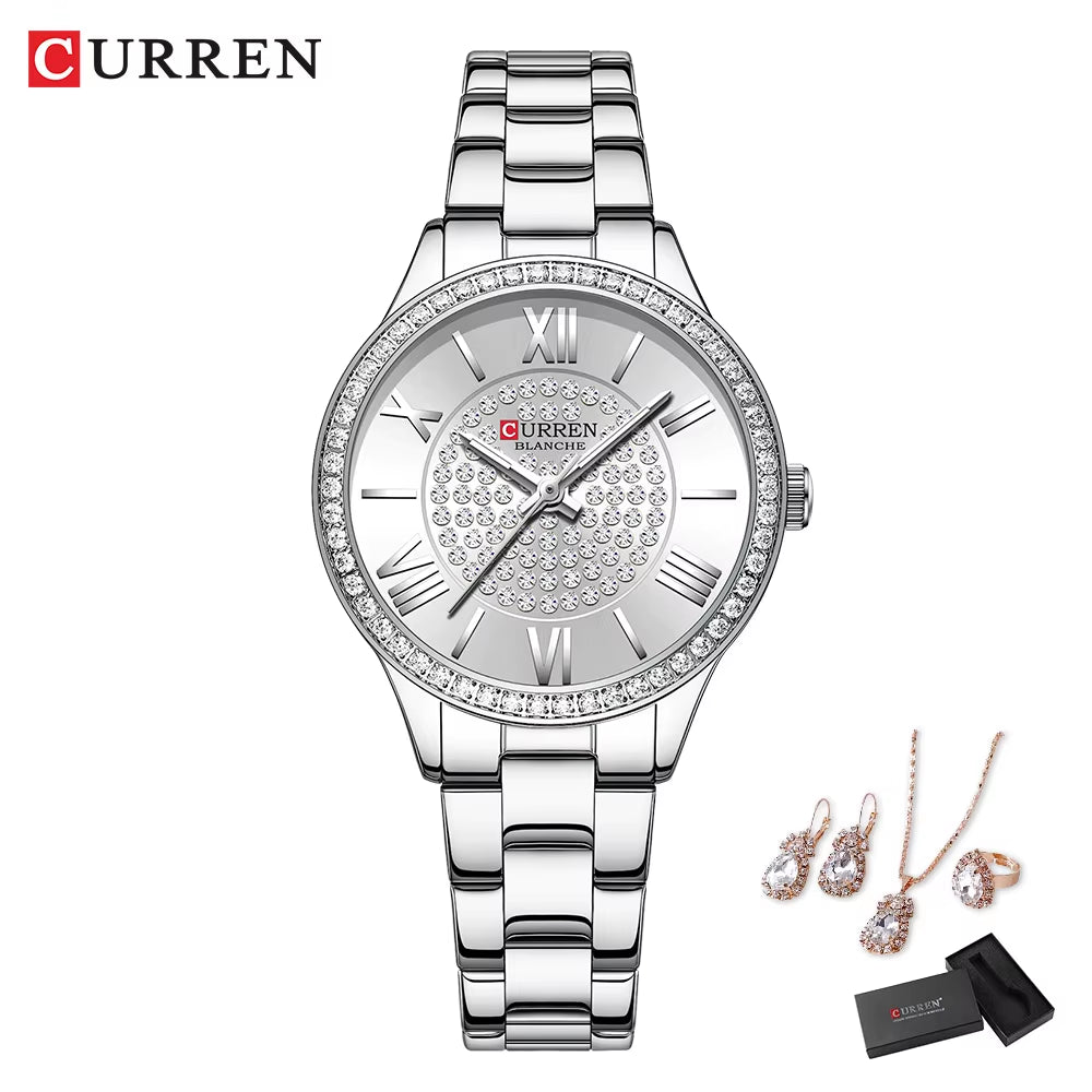 Luxury Watch Women Ring Necklace Earrings Rhinestone Fashion Wristwatch Female Casual Ladies Watches Bracelet 5PCS Set