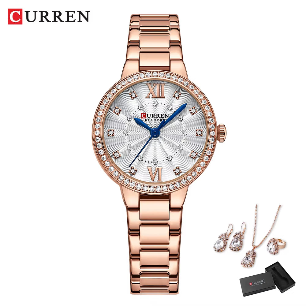 Luxury Watch Women Ring Necklace Earrings Rhinestone Fashion Wristwatch Female Casual Ladies Watches Bracelet 5PCS Set