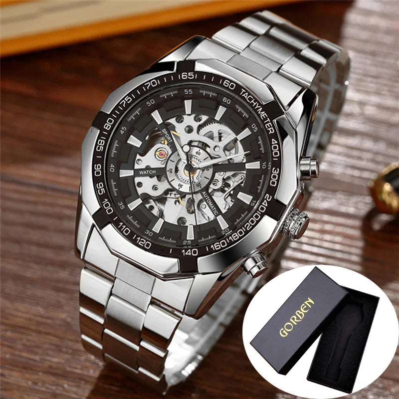 Skeleton Sports Automatic Stainless Steel Bracelet Chinese Mechanical Wrist Watches Mens Luxury Top Brand Gold Black Silver Gift