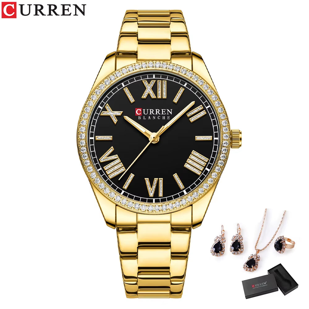 Luxury Watch Women Ring Necklace Earrings Rhinestone Fashion Wristwatch Female Casual Ladies Watches Bracelet 5PCS Set