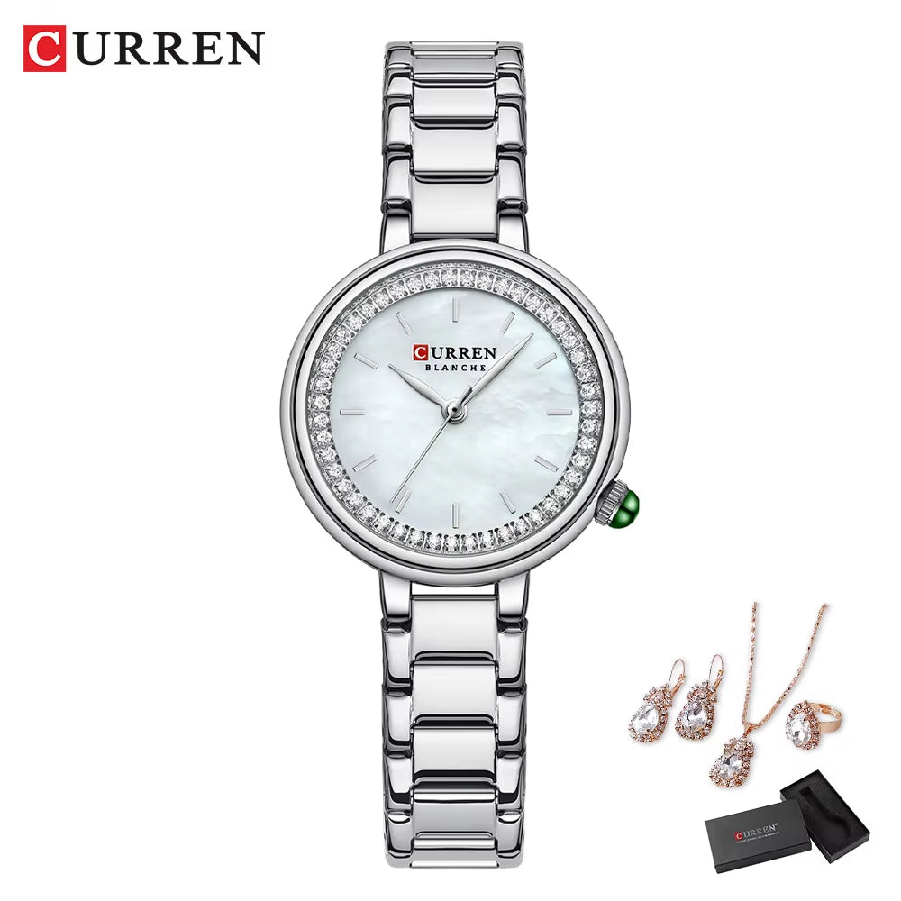 Luxury Watch Women Ring Necklace Earrings Rhinestone Fashion Wristwatch Female Casual Ladies Watches Bracelet 5PCS Set